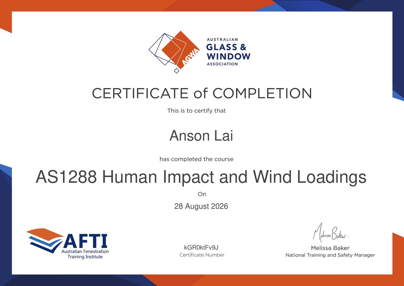 AGWA AFTI certificate of completion: AS1288 Human Impact and Wind Loadings, Anson Lai, 28 August 2026
