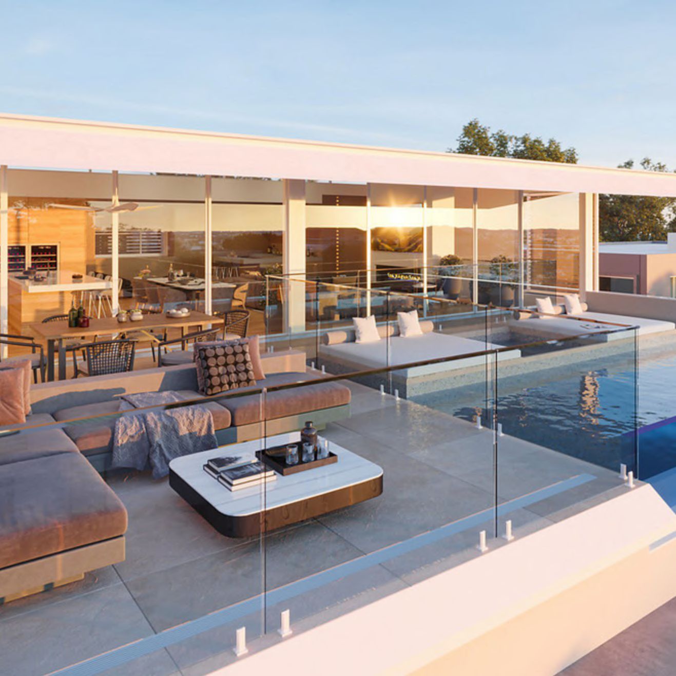 Outdoor terrace with wide glazed openings