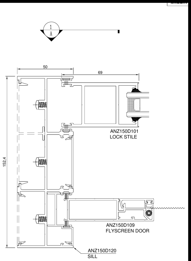 C150-HD3T sliding door — lock stile & flyscreen section